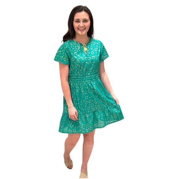 Liza Byrd Medium Green Gold peasant cottage cotton‎ SYDNEY CINCHED WAIST DRESS - Picture 1 of 9